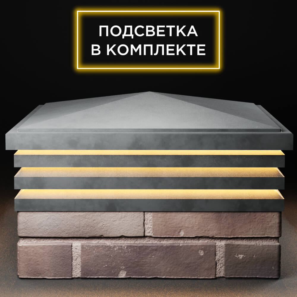 Колпак Zking Бона ХайТек Серый на столб 2х2 кирпича (513х513мм) с подсветкой Клин фото